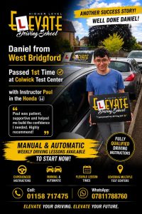Elevate Driving School pupil Daniel from West Bridgford passing first time at Colwick Test Centre with a fully qualified driving instructor in Nottingham