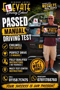 Passed manual driving test at Chilwell Test Centre with Elevate Driving School Nottingham using a fully qualified driving instructor.