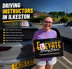 Driving Instructors in Ilkeston – Elevate Driving School pupil celebrating her driving test pass with a fully qualified driving instructor.