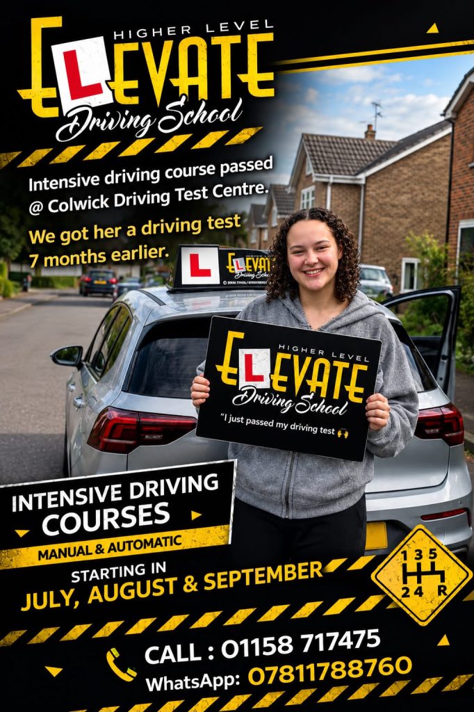Intensive driving courses in Nottingham with driving tests at Colwick Driving Test Centre, Ashfield Driving Test Center and Chilwell Driving Test Center.