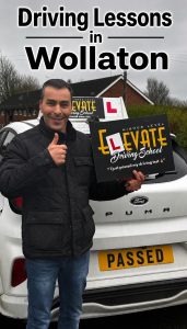 Driving Lessons in Wollaton with Elevate Driving School pupil celebrating a driving test pass in a Ford Puma with fully qualified instructor.